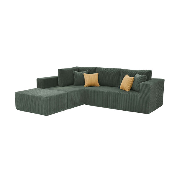 English Elm Full Corduroy Upholstered L-shaped Sectional with Moveable Ottoman Ready to Use Dark Green B2748S00051