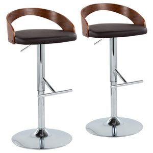 English Elm Grotto Mid-Century Adjustable Swivel Barstools, Walnut & Brown Faux Leather, Chrome T-Footrest (2) B202S00927
