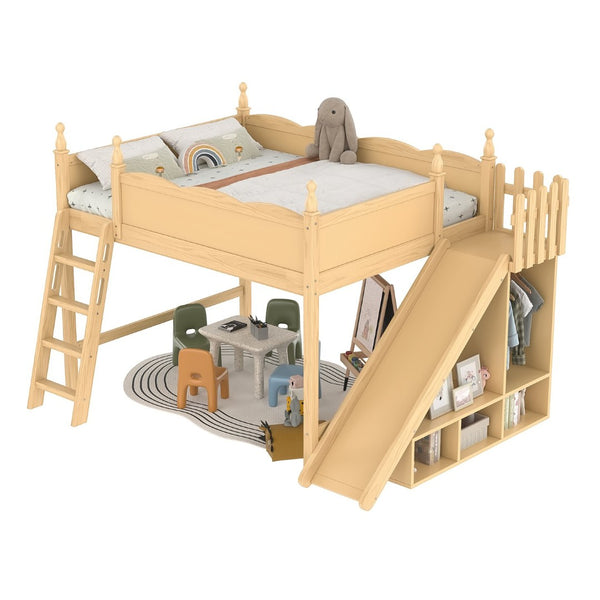 English Elm Queen Solid Pine Loft Bed with Wardrobe Shelves Detachable Slide and Dual Sleeping Zones Natural W5305S00027