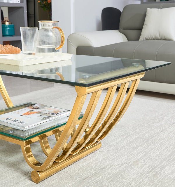 English Elm 47" Modern Rectangle Coffee Table With Double-Layer Glass Shelves, Stylish Gold Frame & Storage Solution W2978S00013