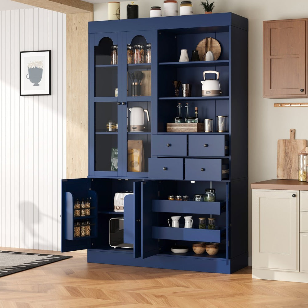 English Elm Topmax Shaker Buffet Hutch with Glass Doors Drawers and Pull-out Trays Blue SP000092AAC
