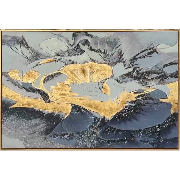 English Elm Golden Cloud In A Frame Hand-Painted Abstract Canvas Art - Elegant Gold Foil On Grey Background B030P306695