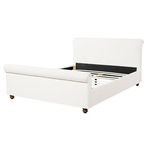 English Elm Queen Linen Upholstered Bed Frame Thick Rolled Headboard Solid Rubberwood Legs Bedroom White N757Q384827W