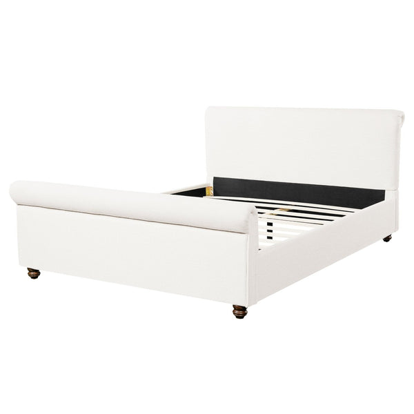 English Elm Queen Linen Upholstered Bed Frame Thick Rolled Headboard Solid Rubberwood Legs Bedroom White N757Q384827W