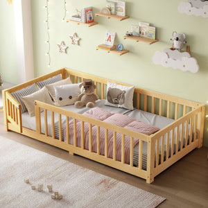 English Elm Twin Twin Size Floor Bed with Safety Guardrails and Playful Door for Kids, Pine/Plywood, Low Profile Natural W1580P338949