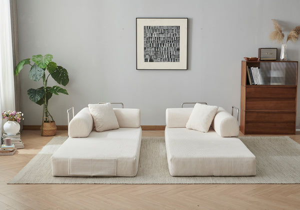English Elm 78.8" Corduroy Modular Floor Sofa Convertible Sleeper Futon with Pillow Back Support Off White W5617P456003