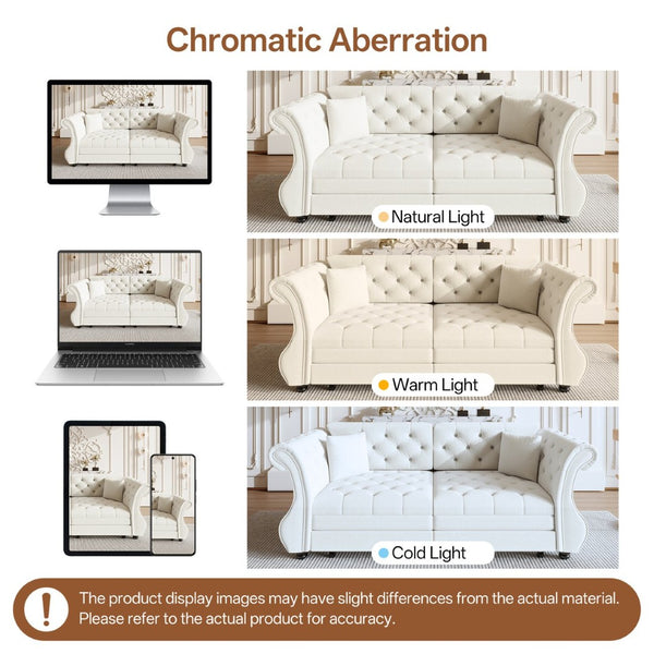 English Elm 83.8" Chesterfield Sleeper Sofa Velvet Upholstered with Flower Tufting for Living Room Beige White W1885S00400