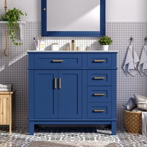 English Elm 36" Blue Modern Bathroom Vanity with Ceramic Sink, Solid Wood+MDF, Soft-Close Doors, 4 Drawers, Compact Elegance for Small Spaces N729P253935C