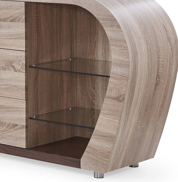 English Elm TONY Buffet in Brown Beige Oak Finish – Contemporary Solid Wood & MDF Sideboard with Glass, 3 Drawers, Open Shelves and Spacious Storage B201P215785