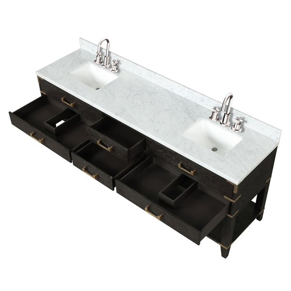 English Elm Black Oak Double Bath Vanity 84" W x 22" D with Carrara Marble Top, Chrome Faucets, Soft-Close Storage B2731P261073