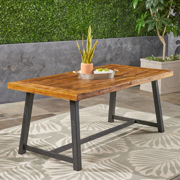 English Elm Christopher Knight Home® - Outdoor Acacia Wood Dining Table with Sandblast Teak Finish & Black Accents — Durable Rustic Patio Centerpiece for Alfresco Meals and Gatherings N768P190946T