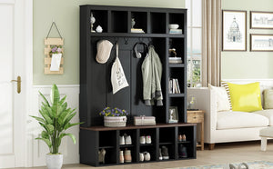 English Elm Farmhouse Hall Tree Walnut Bench Two-tone Entryway Organizer with Six Hooks Shoe Storage N721S000044B-1