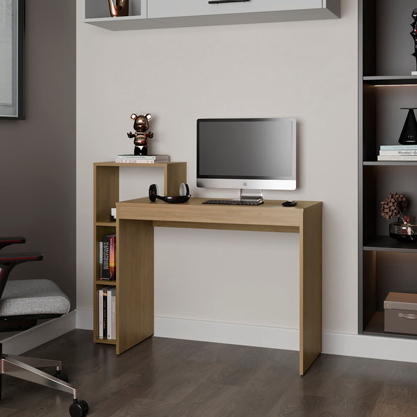 English Elm Foxburg Light Oak Desk with Open Shelves, Macadamia Engineered Wood Office Console for Workspaces B092P254740