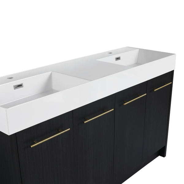 English Elm 60 Inch Freestanding Bathroom Vanity With Resin Double Sink & Soft-Close Doors For Modern Spaces W999S00181