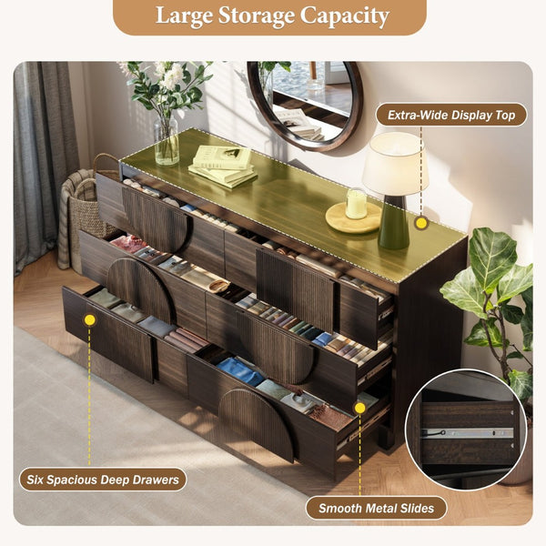 English Elm Modern Fluted 6 Drawer Dresser with Solid Wood Legs Japandi Chest for Bedroom Dark Brown N739S0000013D