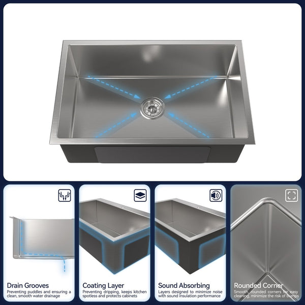 English Elm Stainless Steel Undermount Kitchen Sink Handmade Single Bowl Nano Brushed Finish T3177P286042