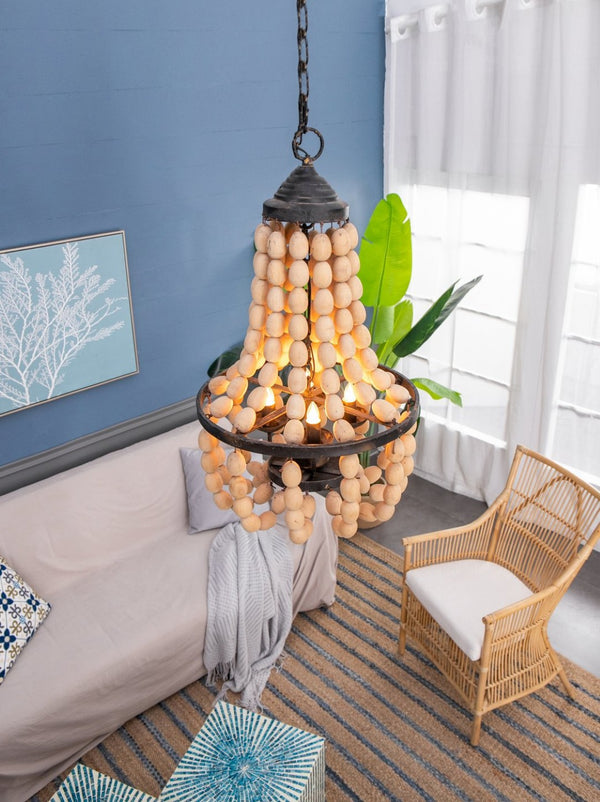 English Elm D18.9x33.1" Beaded Wood Iron 4-light Chandelier Bohemian Foyer Dining Statement Fixture W2078P411232