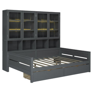 English Elm Full Size Wooden Daybed With Stylish Led Lighting, Glass Storage Cabinets & Versatile Shelves In Gray N820S00051E