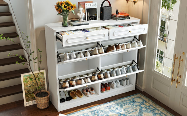 English Elm Wooden Farmhouse Entryway Shoe Cabinet with Six Drawers for Organized Hallway Storage Light White W1580P402825