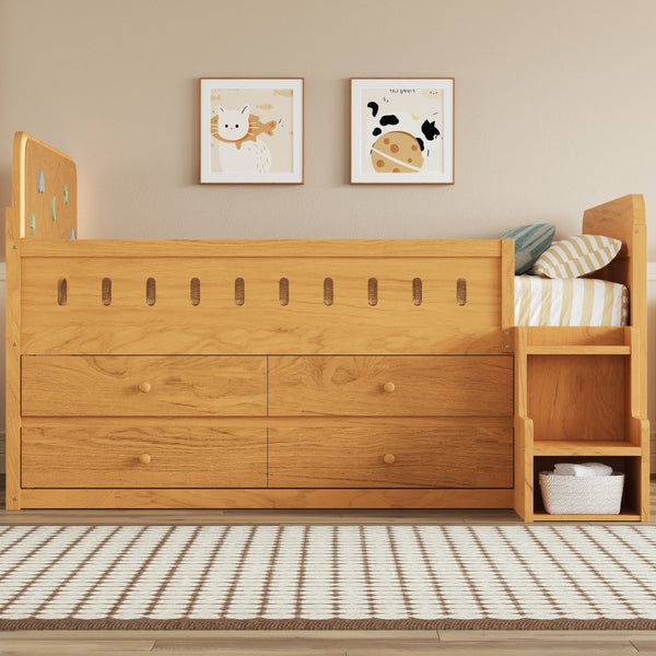 English Elm Wooden Full Bed Frame with Led Headboard Four Storage Drawers and Ladder Shelf Wood N7090004028D