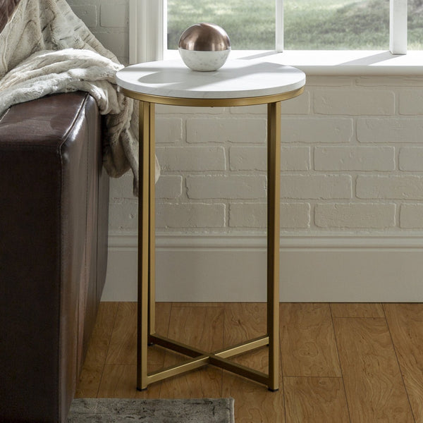 English Elm Walker Edison - Modern Glam X-Leg Round Side Table with Faux White Marble Top and Gold Metal Frame, Chic Accent B185P326693