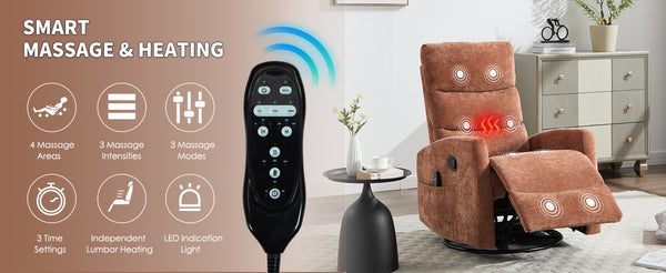 English Elm Heat Massage Swivel Rocker Recliner with 8 Nodes Vibration for Living Room Comfort W3224P322247