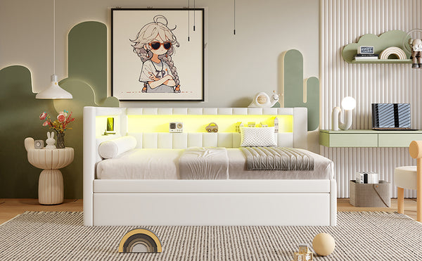 English Elm Upholstered Full Platform Bed with Trundle, Built-In USB Ports & LED Accent, Linen Upholstery White DL001925AAK