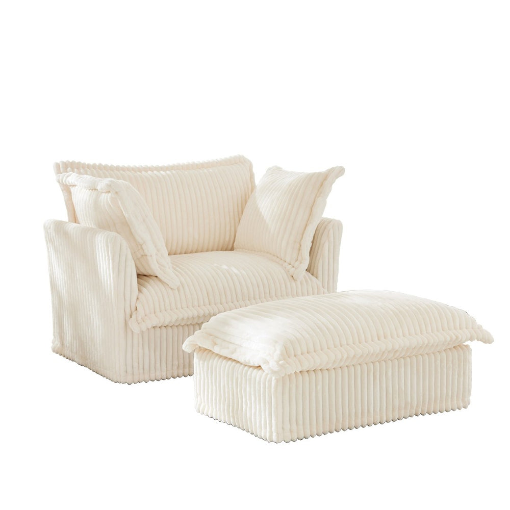 English Elm Upholstered Cream Corduroy Armchair Set With Wide Ottoman & Soft Pillows For Cozy Living Spaces W3041S00016-GIGA