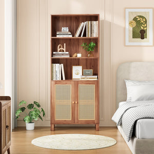 English Elm Tall Rattan Door Bookcase with 5 Shelves — Stylish Tall Storage Shelf for Living Room Office LibraryBedroom Natural T3623P379909