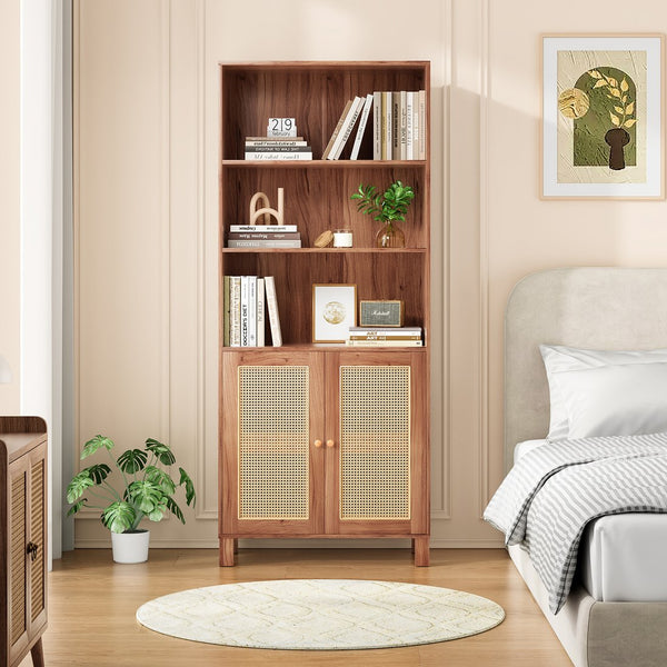English Elm Tall Rattan Door Bookcase with 5 Shelves — Stylish Tall Storage Shelf for Living Room Office LibraryBedroom Natural T3623P379909