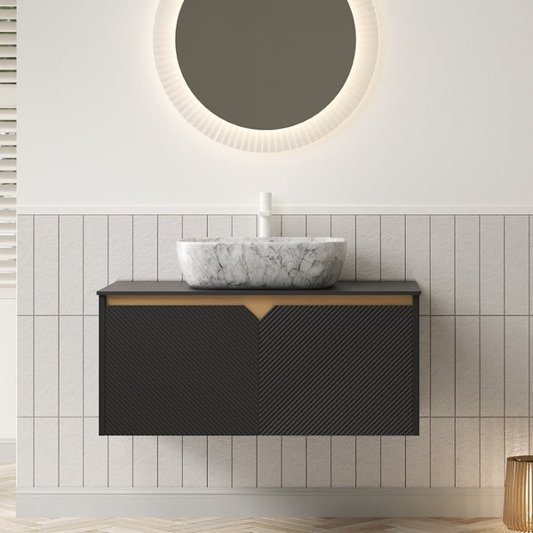 English Elm Dina Floating Bathroom Vanity Sintered Stone Top Glass Basin Striped Plywood Cabinet W2615S00526