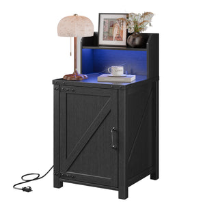 English Elm OKD Farmhouse Nightstand with Built-In Charging Station, Barn Door Accent, Adjustable Storage Shelf and Sturdy Frame Black W1550P311285