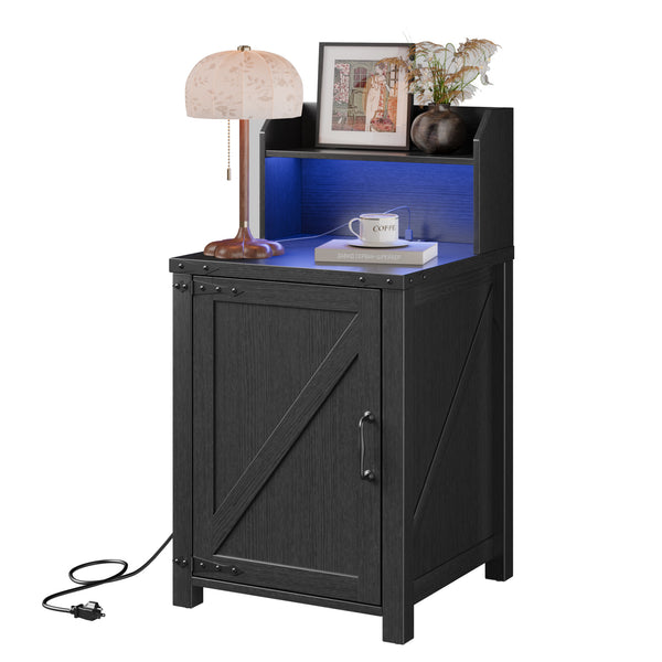 English Elm OKD Farmhouse Nightstand with Built-In Charging Station, Barn Door Accent, Adjustable Storage Shelf and Sturdy Frame Black W1550P311285