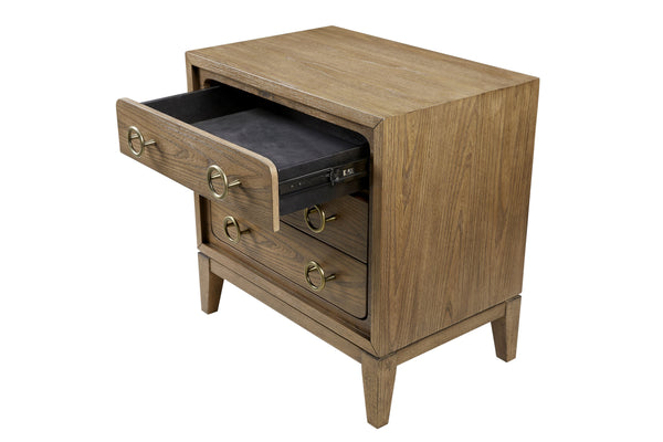 English Elm 3 Drawer Nightstand Latte Finish with USB Ports, Solid Wood & MDF, Felt Top & Cedar Bottom Drawers B2699P226101