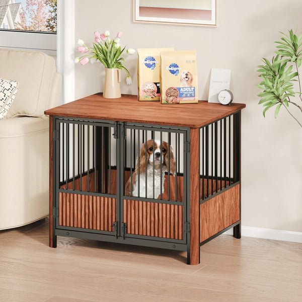 English Elm 31.5'' Walnut Fluted Wood Dog Crate Doubles as End Table for Small Medium Breeds W1820P336033