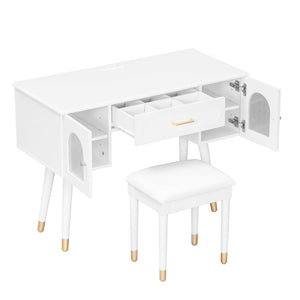 English Elm Elegant Vanity Makeup Table with Charging Station & Carved Glass Door, Sturdy Stool Included White N844P285188A