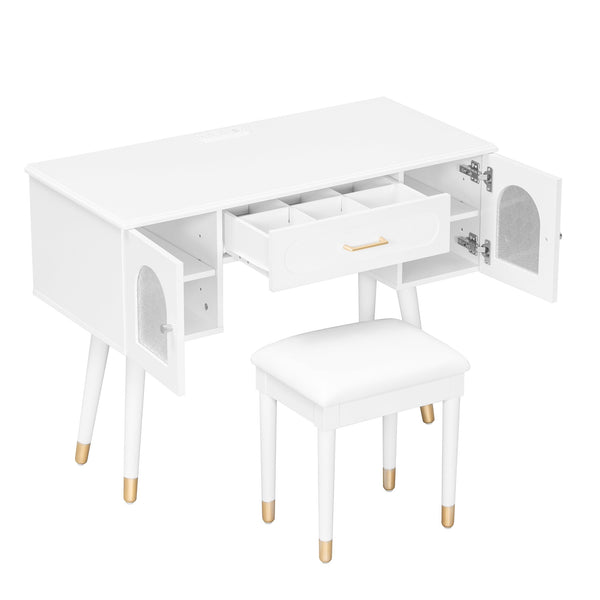 English Elm Elegant Vanity Makeup Table with Charging Station & Carved Glass Door, Sturdy Stool Included White N844P285188A