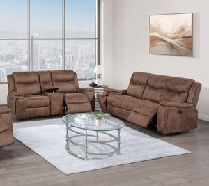 English Elm Modern Reclining Sofa Set with Faux Leather Upholstery Walnut Legs and Cup Holders B011S02421