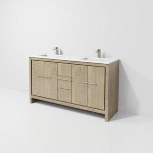 English Elm Rustic Acacia Double Bath Vanity 60" W With White Quartz Top & Gun Metal Faucet Set For Elegant Storage B2731P259212-GIGA