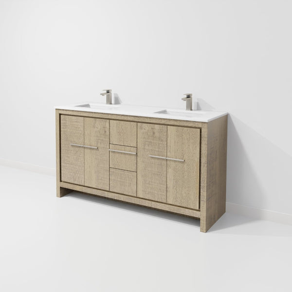 English Elm Rustic Acacia Double Bath Vanity 60" W With White Quartz Top & Gun Metal Faucet Set For Elegant Storage B2731P259212-GIGA