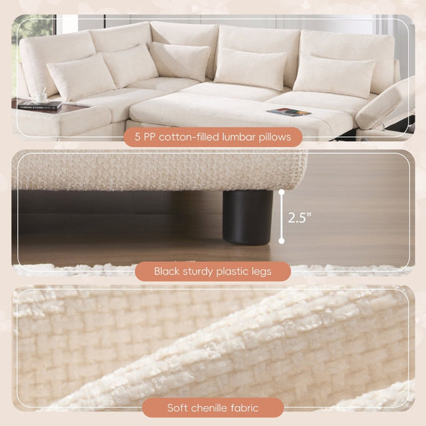 English Elm [video]107'' Chenille Sleeper Sectional with Usb Charging Storage Ottoman and Adjustable Armrest Beige N723S8782A