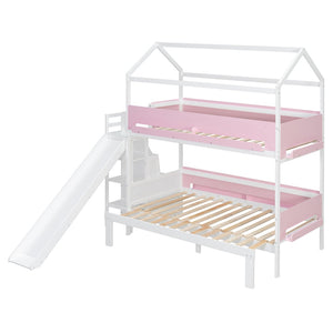 English Elm House-shaped Pine Bunk Bed with Built-in Slide Storage Staircase Twin Over Full Kids Frame White+Pink N820S00082K
