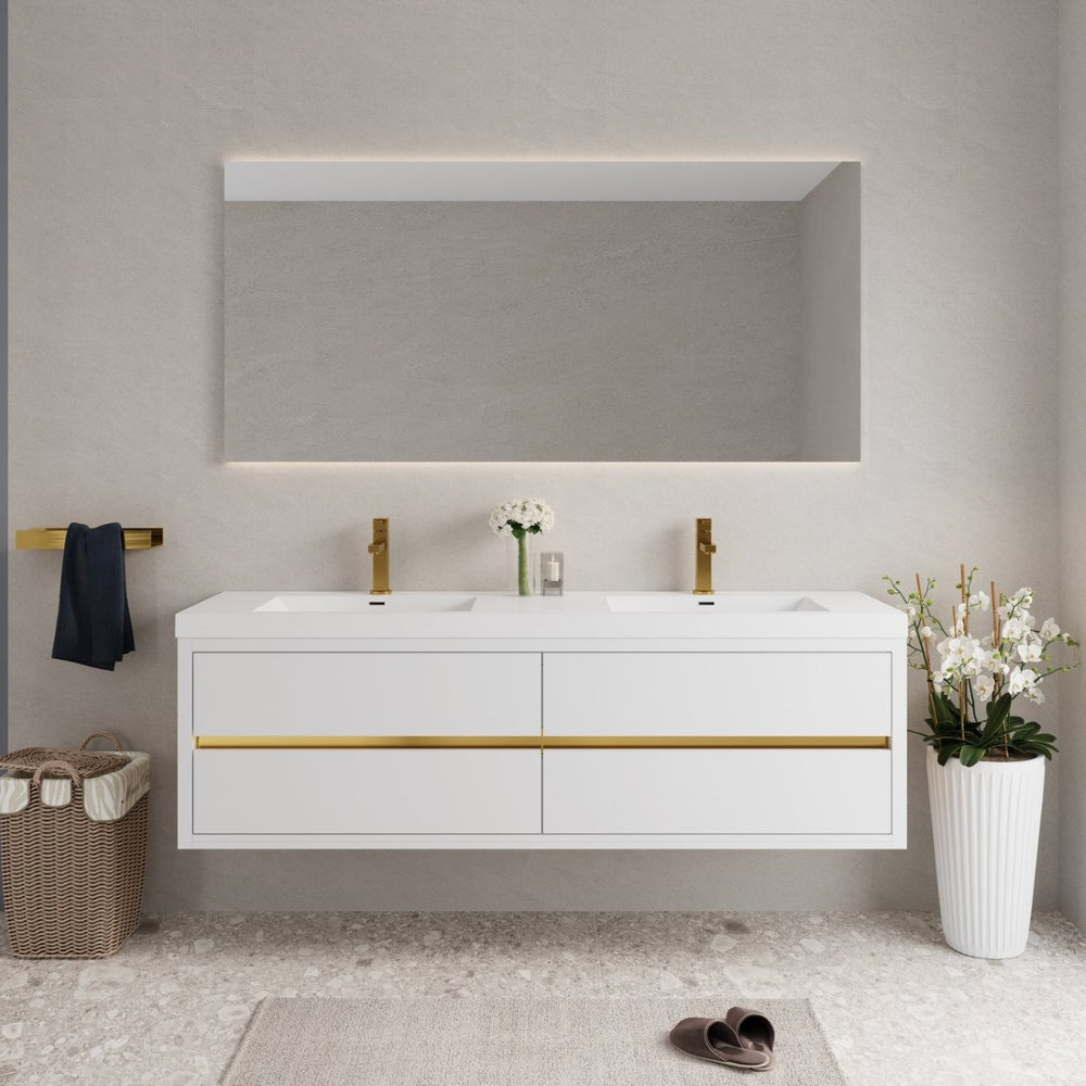 English Elm 72" Floating Double Sink Vanity Glossy White Stone Resin Top Soft Close Storage W1573P211181