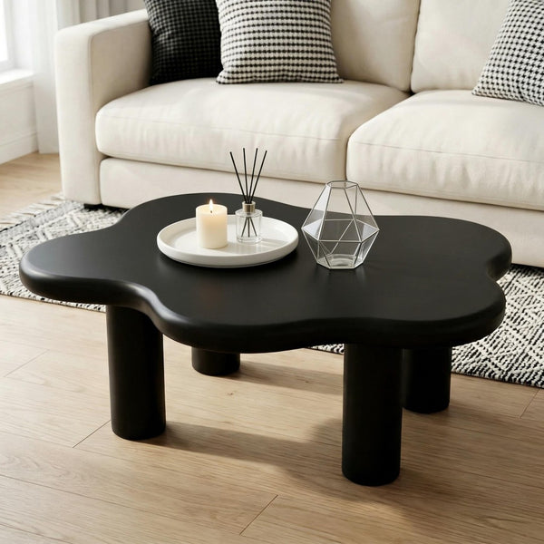English Elm 40-inch Cloud Shaped Coffee Table Sculptural Mdf Top with Tapered Legs for Living Rooms Black W3935S00004