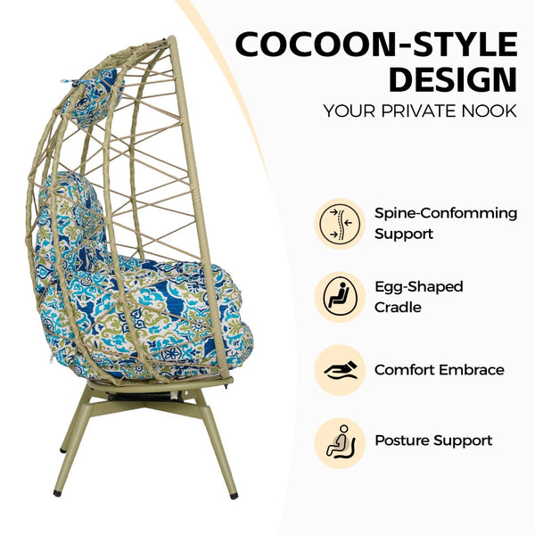 English Elm Oversized Swivel Rattan Egg Chair with Plush Cushion for Patio or Indoor Lounge T5880P501009