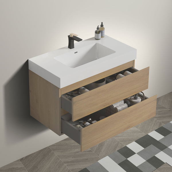 English Elm U042-Alice36-106 Modern 36" Wall-Mounted Oak Vanity with Integrated Matte Black Basin, Soft-Close Drawers W1865S00042