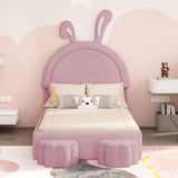 English Elm Twin Size Upholstered Rabbit-Shape Bed With 2 Storage Stools, Velvet Platform Bed With Cartoon Ears Shaped Headboard, Pink