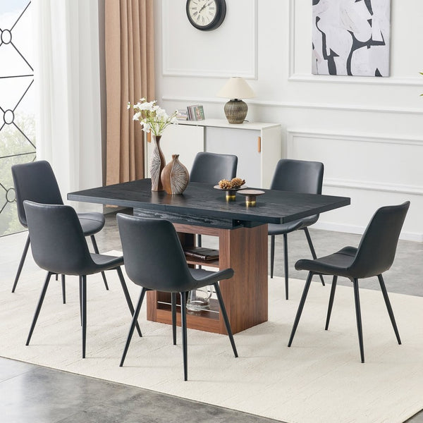 English Elm Expandable Walnut Finish Dining Set with Six Cushioned Pu Chairs for Modern Interiors Walnut+Black W1151S04700