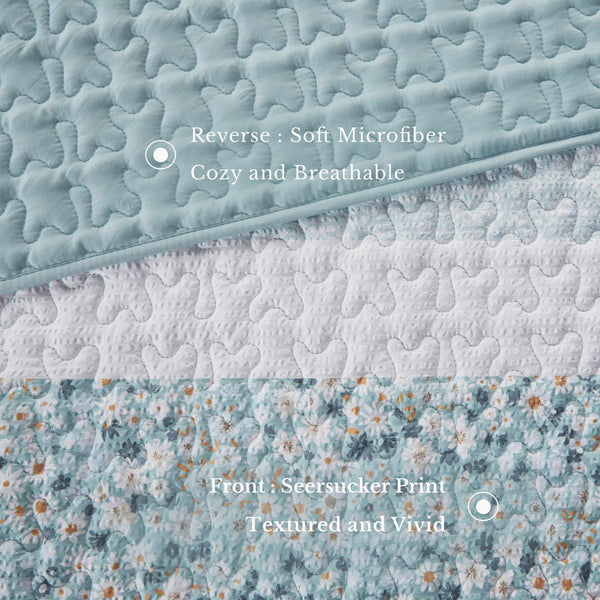 JLA Home Madison Park - 4 Seersucker Quilt Set with Floral & Botanical Prints, Hypoallergenic, Antimicrobial, Machine Washable Aqua MP13-8289