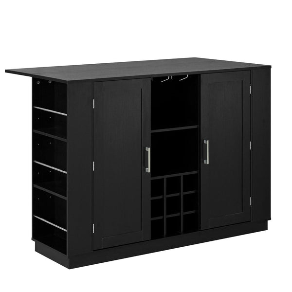 English Elm U_style Compact Kitchen Island with Drop Leaf Power Outlet Wine Rack Stemware Storage Black N711P437715B